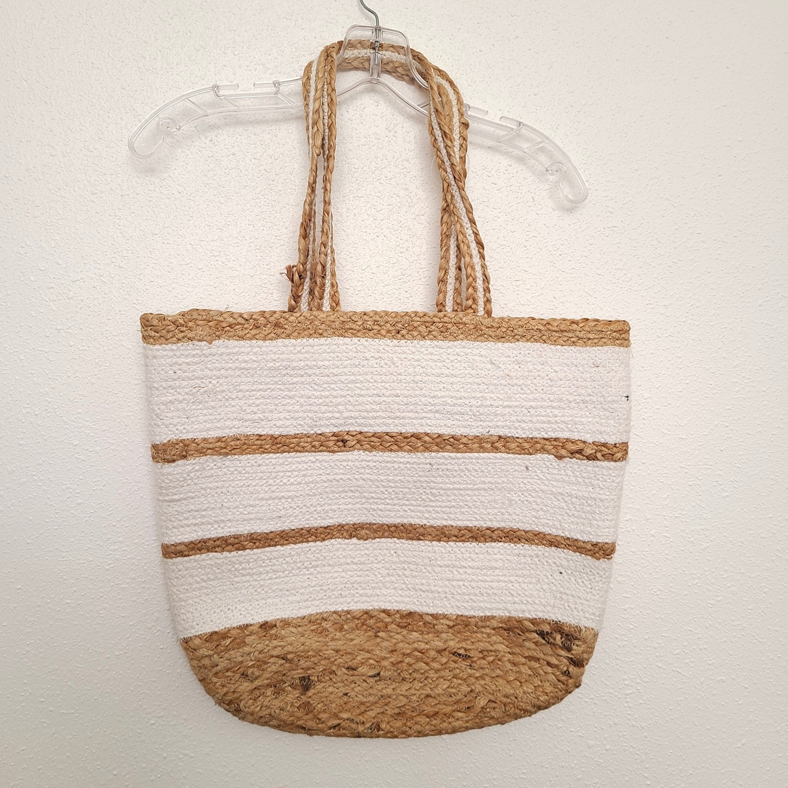 Chloe & Lex Cotton Jute White Striped Beach Tote Large Coastal Grandma Minimal